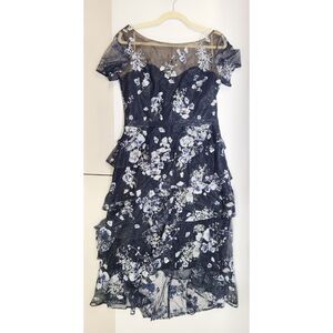NWT Marchesa Notte Navy Blue Floral Embroidered Tiered Tulle Dress Size 10